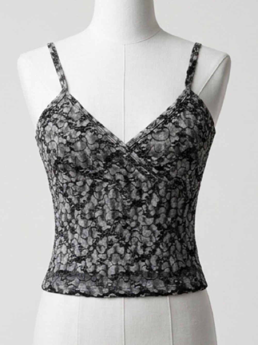 Vintage 90s Y2K Black Gray Metallic Lace Cami Faux Wrap Tank Top Size Large